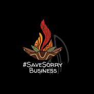 Aboriginal style illustration of a brown and orange campfire on a black background with the words #SafeSorryBusiness in white text