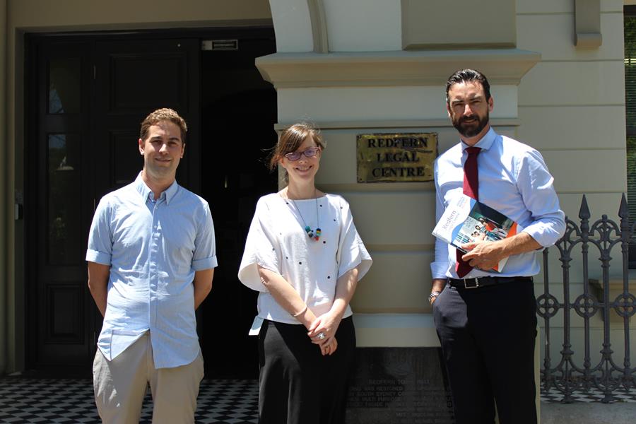 Three people standing outside Redfern Legal Centre. Left to right - Will Dwyer, RLC's Credit and Debt Solicitor, Jacqui Swinburne, RLC's Acting CEO, and Tim Hammond MP, federal Shadow Minister for Consumer Affairs), January 2017.