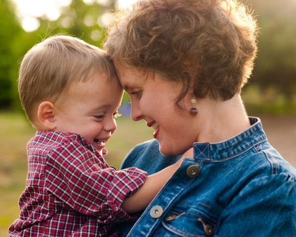 Woman and child looking happy