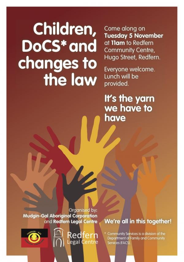 Flyer with text "Children, DoCS and changes to the law"
