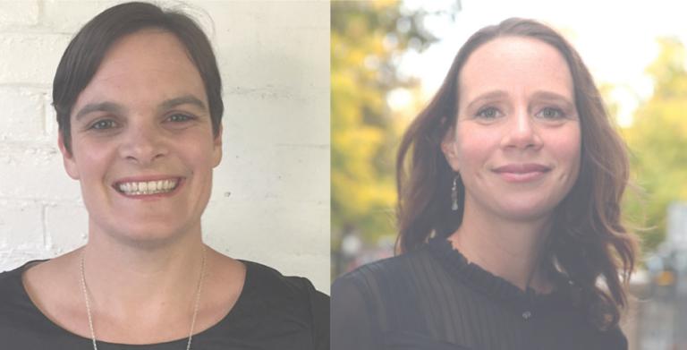 Two female headshots side by side. Both women are smiling, one has short dark hair and one has long brown hair.