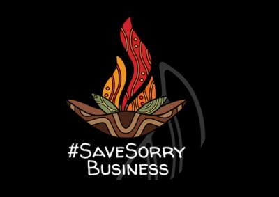 Aboriginal style illustration of a brown and orange campfire on a black background with the words #SafeSorryBusiness in white text