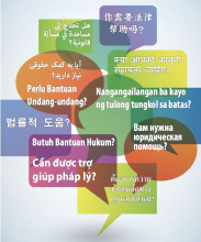 Overlapping coloured speech bubbles that say "Do you need legal help" in multiple languages