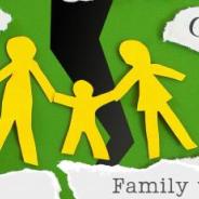 Green and yellow tick figure image of a family made out of torn paper