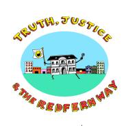 Illustration of a cartoon house on green grass against blue sky: test reads: Truth Justice and the Redfern Way