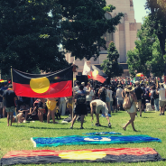Large protest in Hyde Park with Aboriginal flags