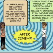 Comic strip characters on a blue spiral background with the words  "After COVID" in a large jagged yellow speech bubble