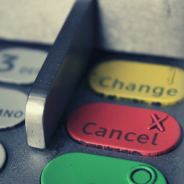 Closeup of ATM pin-pad - buttons read cancel and change