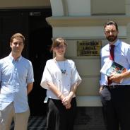 Three people standing outside Redfern Legal Centre. Left to right - Will Dwyer, RLC's Credit and Debt Solicitor, Jacqui Swinburne, RLC's Acting CEO, and Tim Hammond MP, federal Shadow Minister for Consumer Affairs), January 2017.