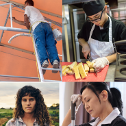 Four workers: A painter, a kitchenhand, a horticultural worker and a cleaner